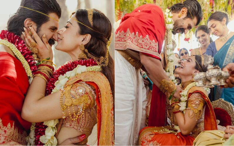 Rashmika Mandanna–Vijay Deverakonda Wedding Pics Out: Bride Stuns In Red Silk Saree With Temple Motif