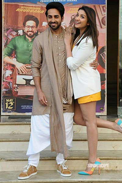 ayushmann khurrana and parineeti chopra pose for the paps at the trailer launch of in meri pyaari bindu chapter 1