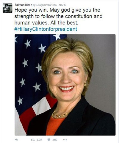 Salman Khan supports Hillary Clinton in th 2016 US presidential elections.jpg