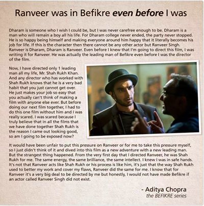 aditya chopra post his pic ranveer singh befikre