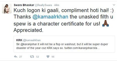 swara bhaskars twitter reply to krk