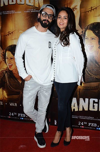 shahid kapoor and mira rajput at the special screening of rangoon held for bollywood filmmakers