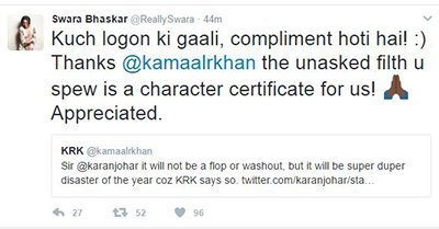 swara bhaskar replies to krk tweet regarding her film anarkali of aarah