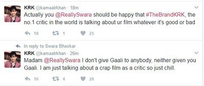 krk tweets with regards to swara bhaskars anarkali of aarah