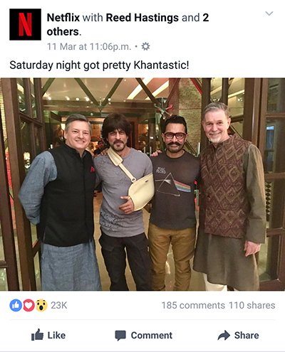 shah rukh khan and aamir khan posing with netflix ceo reed castings