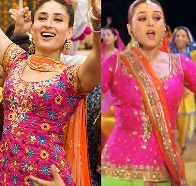 kareena kapoor in nagada jab we met and preity zinta in veer zaara in a pink-orange punjabi suit