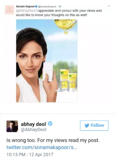 sonam kapoor shares an ad campaign of esha deol of fairness cream which sonam kapoor brought into picture