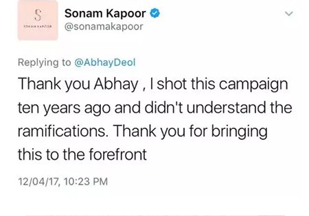 sonam kapoor thanking abhay for bringing up her old ad campaign in limelight