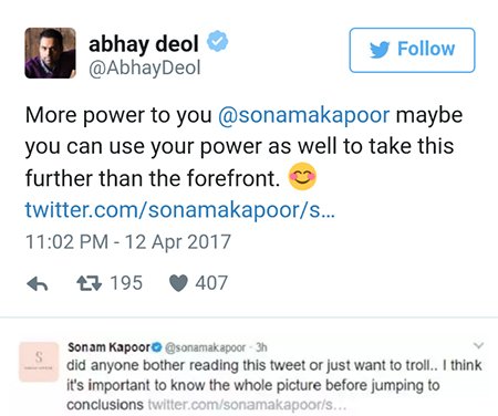 abhay deol and sonam kapoors twitter conversation about the fairness controversy