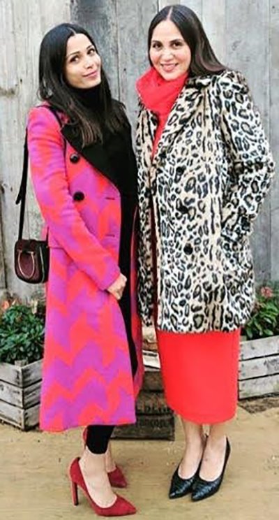 Freida Pinto in London wearing a colourful Ferragamo coat