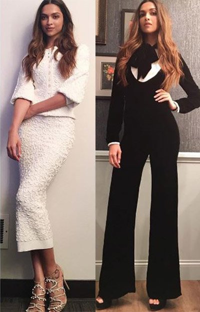 deepika padukone in a white number for the ellen show and a black number for the late late show with james corden