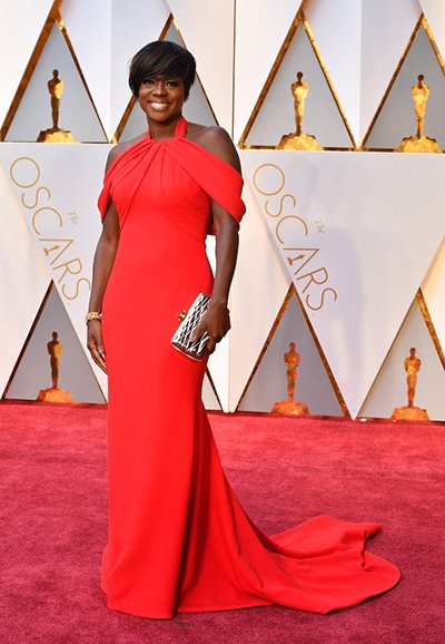 viola davis wore a red cold shoulder gown to the oscars 2017