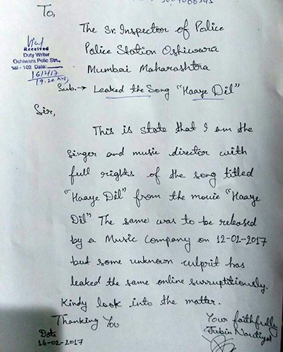 jubin nautiya written police complaint after song got leaked