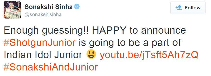 sonakshi s tweet on indian idol junior