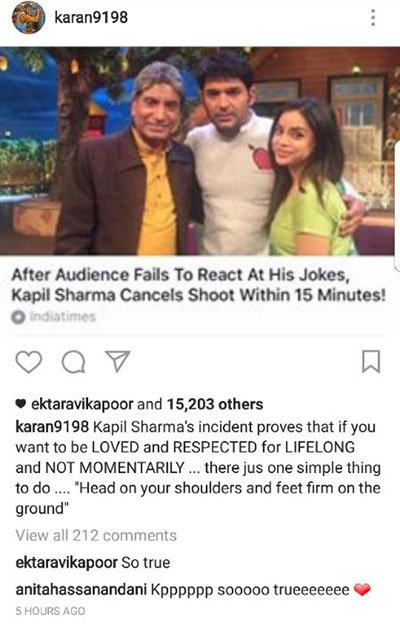 ekta kapoor and anita hassanandi react to karan patel post on kapil sharma controversy