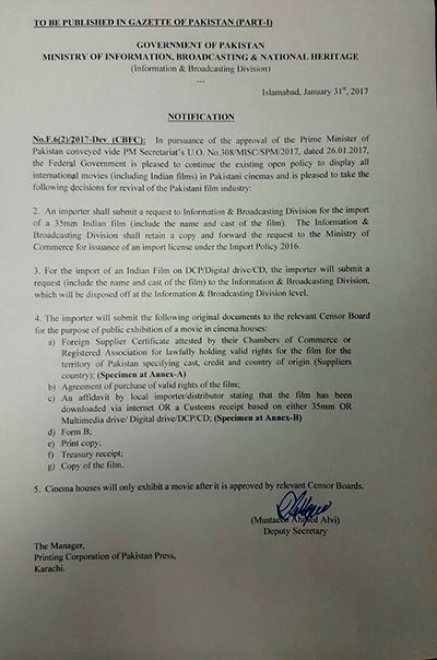 letter from pakistan ministry for release of indian films