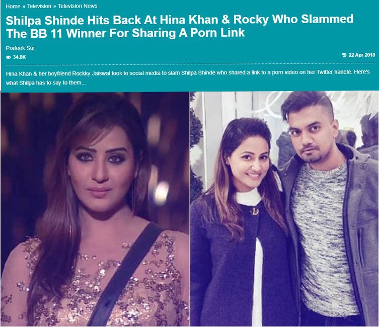 Aishvaryaraibfxx - Shilpa Shinde Hits Back At Hina Khan & Rocky Who Slammed The BB 11 Winner  For Sharing A Porn Link