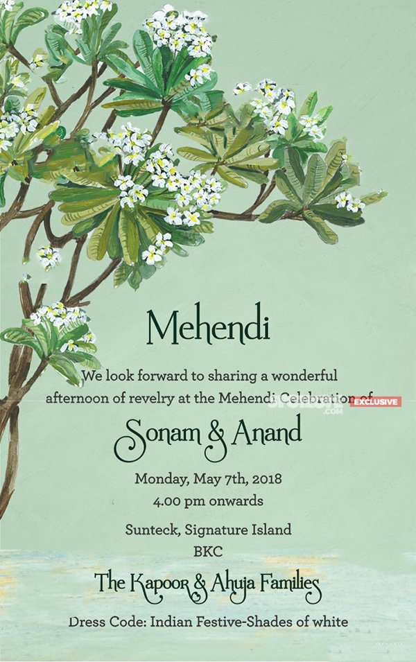 Invite For Sonam Kapoor s Mehendi Ceremony