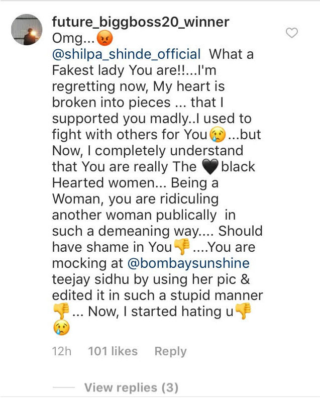 shilpa shinde fans troll comment