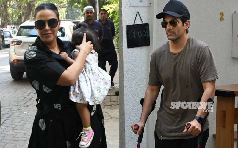 Angad Bedi Heads Out With Supports Post Knee Surgery; Neha Dhupia And Daughter Mehr Give Him Company