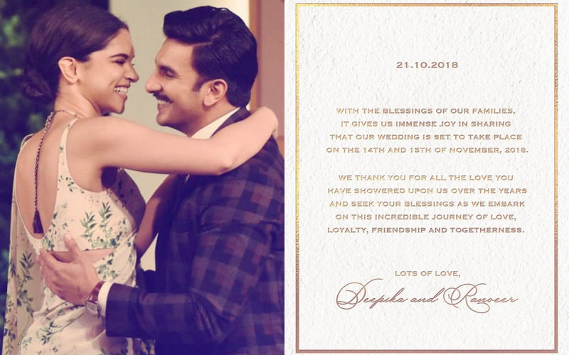 Here Is Ranveer Singh-Deepika Padukone’s Official Wedding Announcement. Lock The Dates – November 14 And 15!