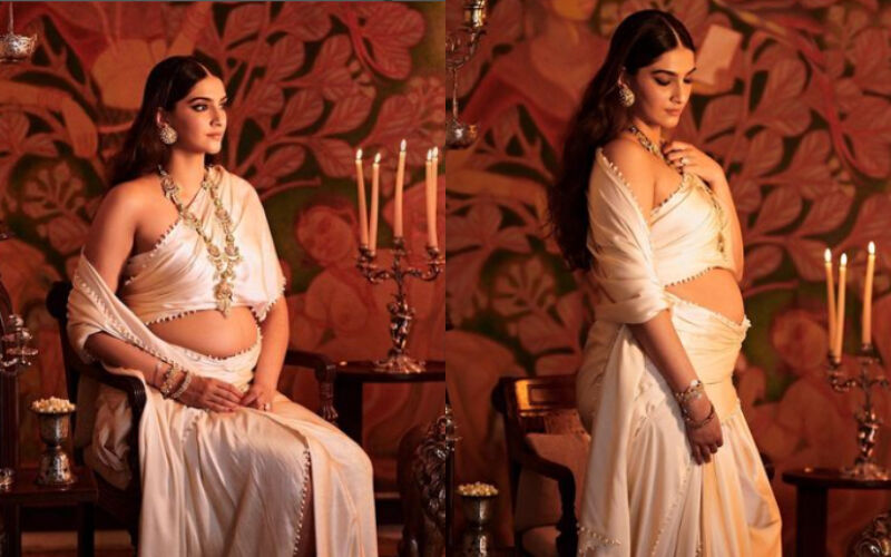 Preggers Sonam Kapoor Flaunts Her Baby Bump In New Pics, Channelises Her Inner Goddess In White Satin Saree; Hubby Anand Ahuja REACTS
