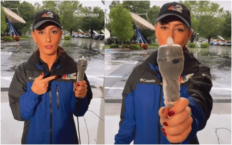 VIRAL! Journalist Uses Condom To Avoid Her Microphone From Getting Wet During Hurricane Ian-WATCH