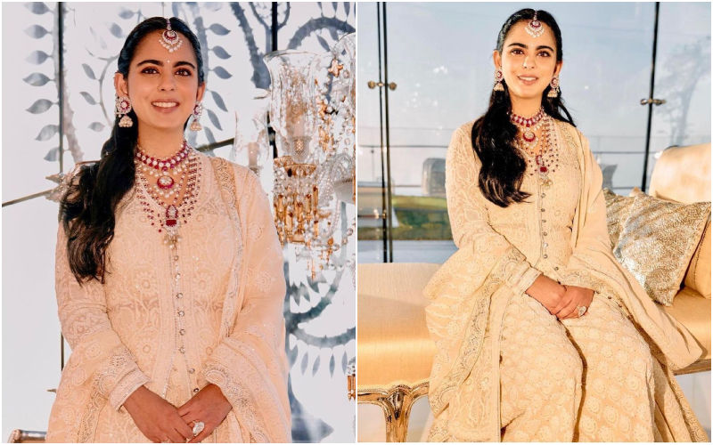 Isha Ambani Steals The Spotlight At Anant-Radhika's 'Sagai' With Her Huge Engagement Ring, Red-studded Necklace And Ivory Anarkali Outfit-WATCH