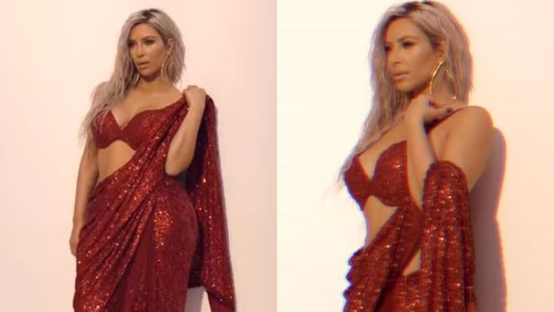 Valentine's Day 2020: Kim Kardashian Sizzles In A Red Hot Sabyasachi Saree, Puts Dangerously Sexy Blouse On Display - TB