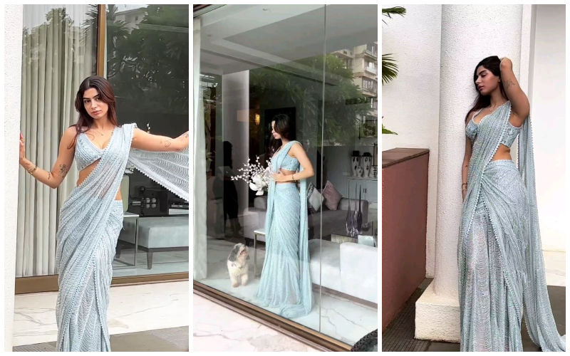 Khushi Kapoor Shows Off Her Curves In A Sheer Ice Blue Pre-Draped Saree, And It Costs A Whooping Rs. 2.29 Lakhs-SEE PICS!