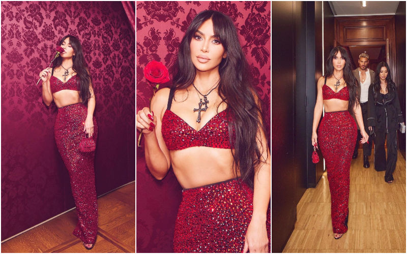 Kim Kardashian STRUGGLES To Climb Stairs In A Tight-Fitting Sparkling Red Two-piece Outfit; Internet Is In Splits-READ BELOW!