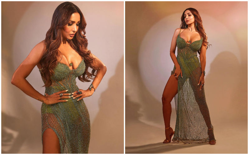 Malaika Arora Flaunts Her Busty Assets In Green Netted Dress With Plunging Neckline And Thigh-High Slit! Make Sure You Wipe The Drool Off Your Faces-SEE PICS!