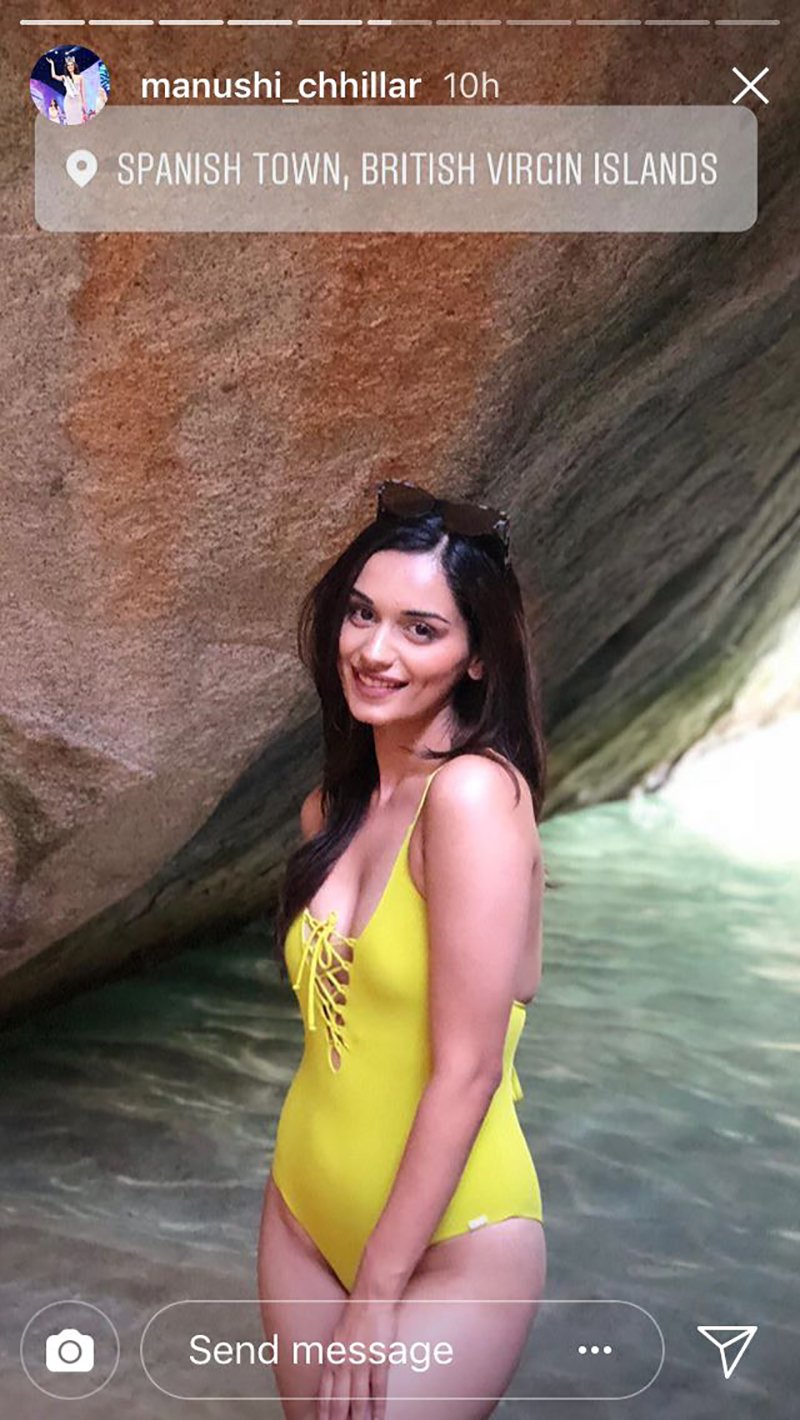 Manushi Chhilar Poses In A Yellow Bikini