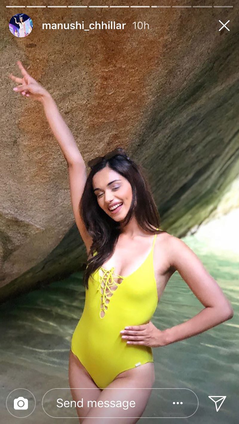 Manushi Chhilar Strikes A Pose Sporting A Yellow Bikini