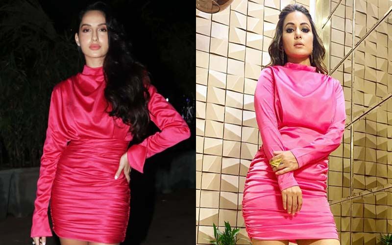 Nora Fatehi looks enchanting in baby pink blingy bodysuit with matching fur  coat, and statement accessories