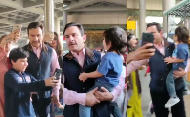 Saif Ali Khan Irritated With Fans Mobbing Him, Taimur And Kareena Kapoor Khan; Pushes A Man’s Hand – VIDEO