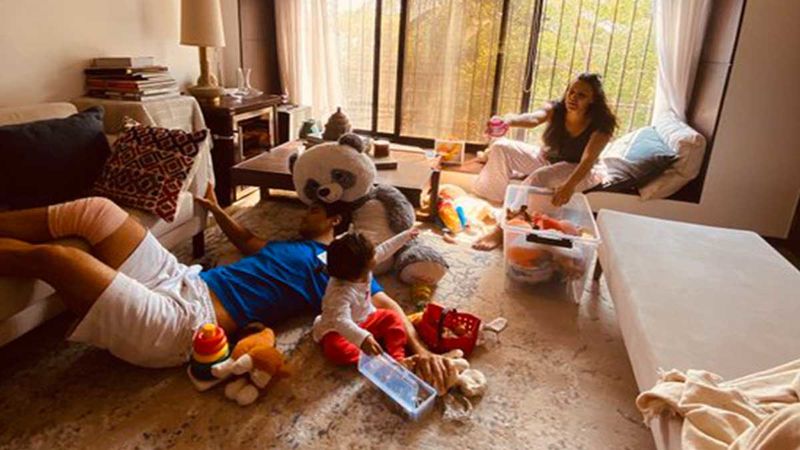 Inside Neha Dhupia's Cosy Living Room; Actress Shares An Adorable Picture Of Lockdown Days With Angad Bedi And Daughter Mehr