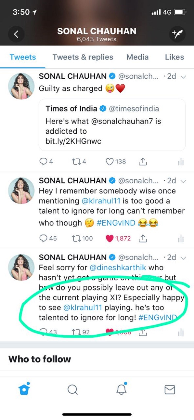Sonal Chauhan KL Rahul Tweet 2