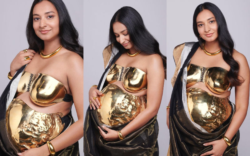 VIRAL! Jewellery Designer Flaunts Her Baby Bump In Its Full Glory; Slips On Natural Gold Belly Armour On Top Of A Saree-DETAILS BELOW!