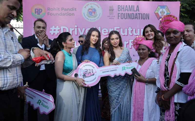 saher bhamla bhumi pednekar and smt amruta fadnavis launch bhamla foundation s driveherfuture pink e rickshaw initiative links women s livelihoods with clean mobility
