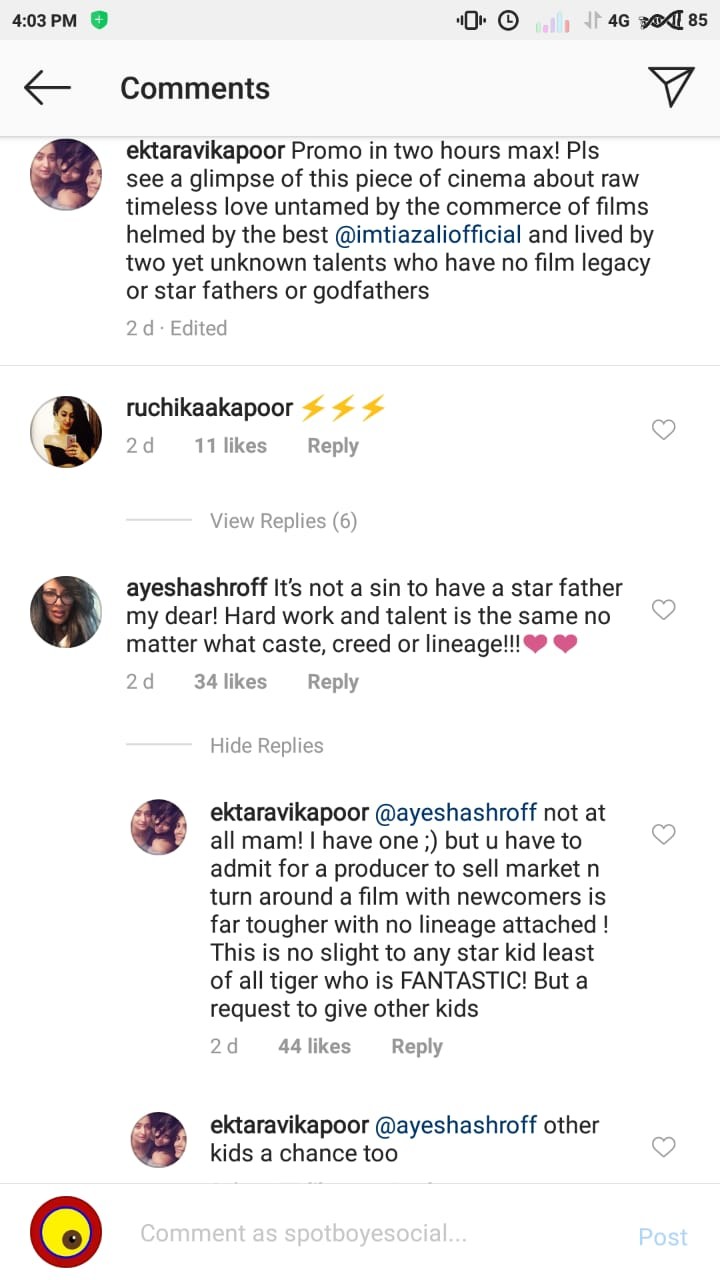 ekta kapoor tiger shroff s mother are having a heated debate on nepotism on social media