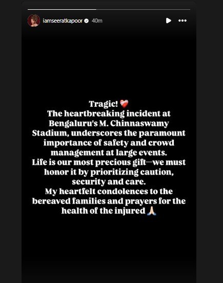 seerat kapoor expresses heartfelt grief over rcb victory parade stampede tragedy says life is our most precious gift we must honor