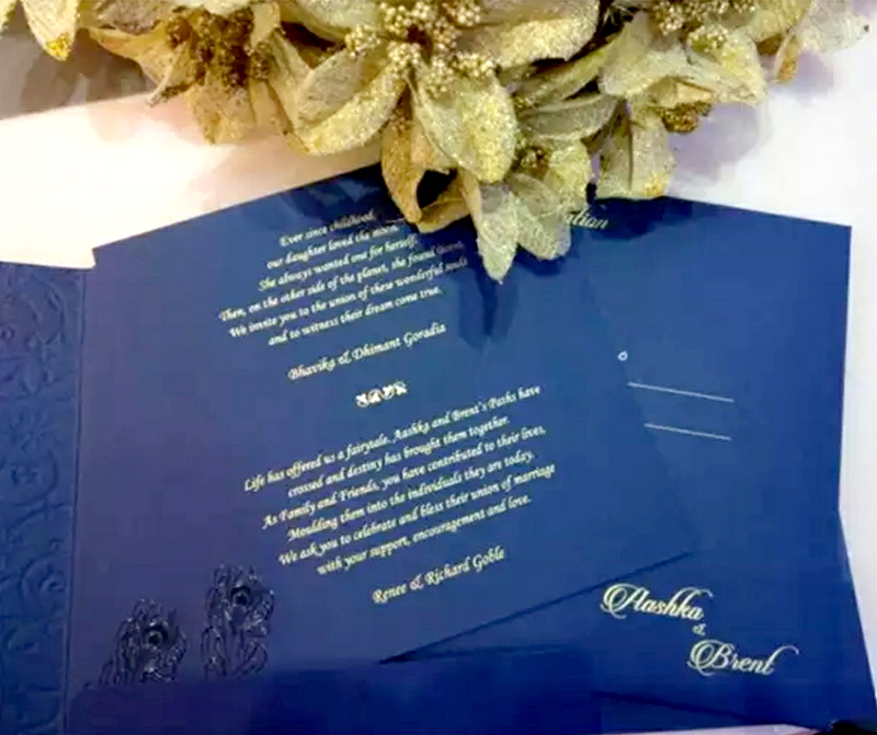 aashka goradia and brent gobles wedding card