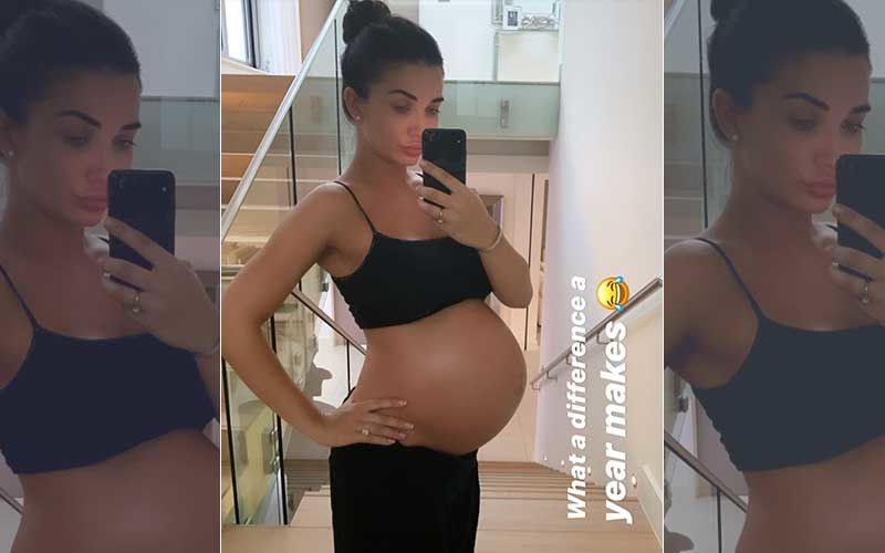 Heavily Pregnant Amy Jackson Flaunts Her Baby Bump Wearing A Black Bralet And Matching Pants