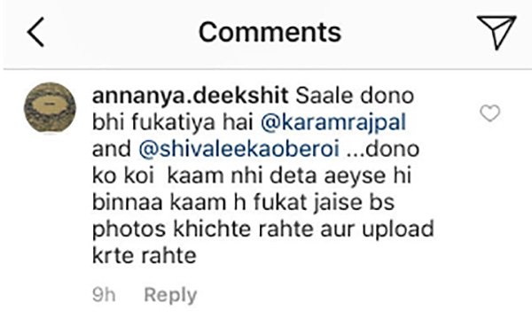 an internet user leaves a nasty message for karam rajpal