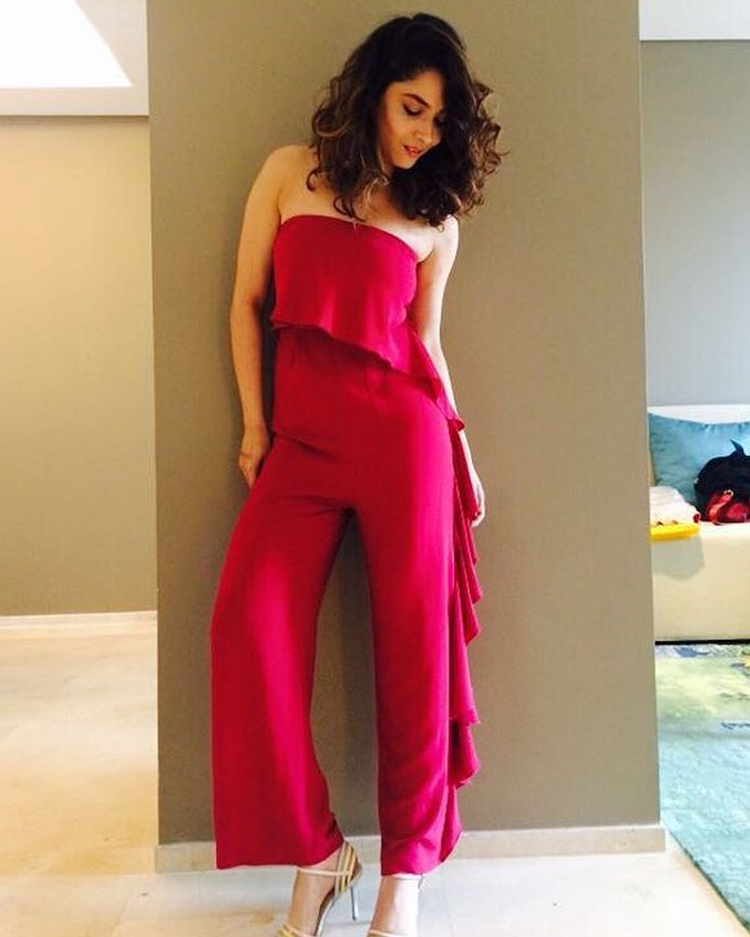ankita lokhande in a red strapless jumpsuit