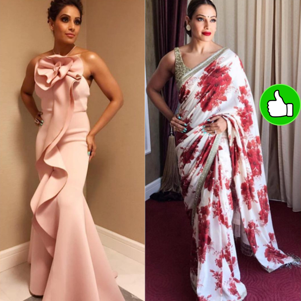 bipasha basu in a gown and a saree