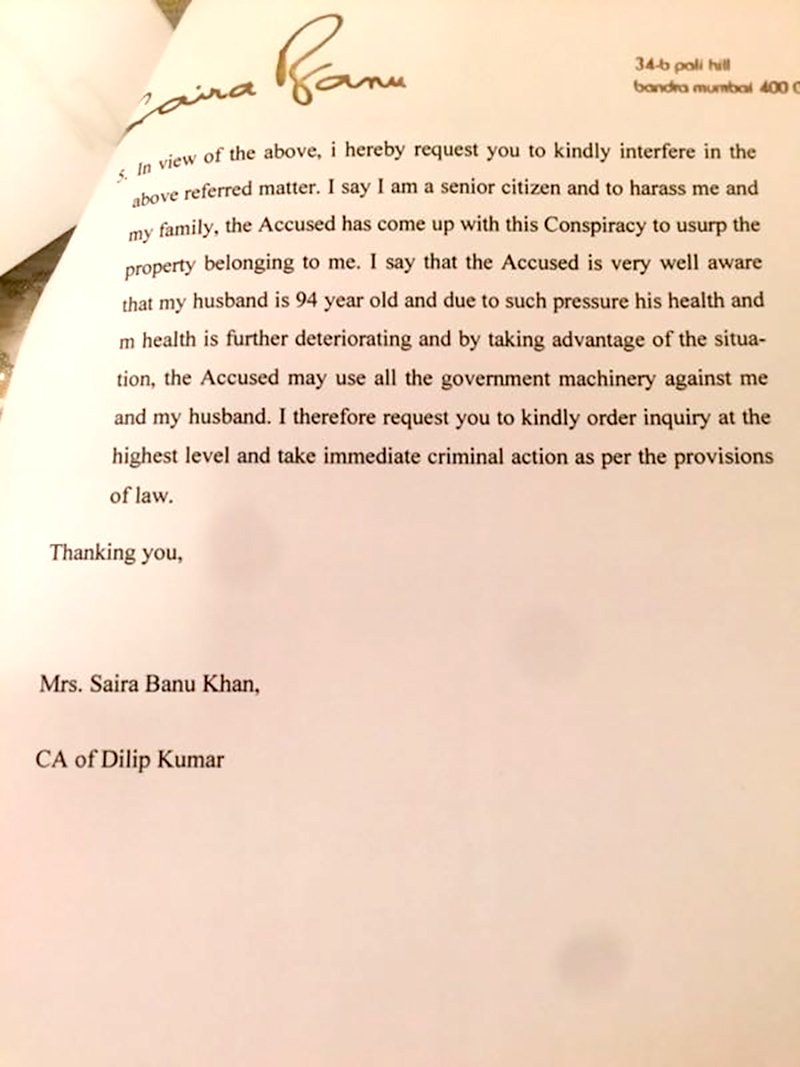 builder threatens to take over dilip kumar s bungalow in pali saira writes to cm