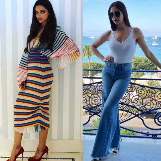 deepika in a stripe dress and white ganjee and jeans