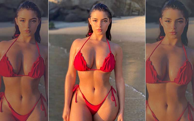 Demi Rose Looks Piping Hot In An Almost There Red Bikini As She Flaunts Her Perfect Curvaceous Beach Bod